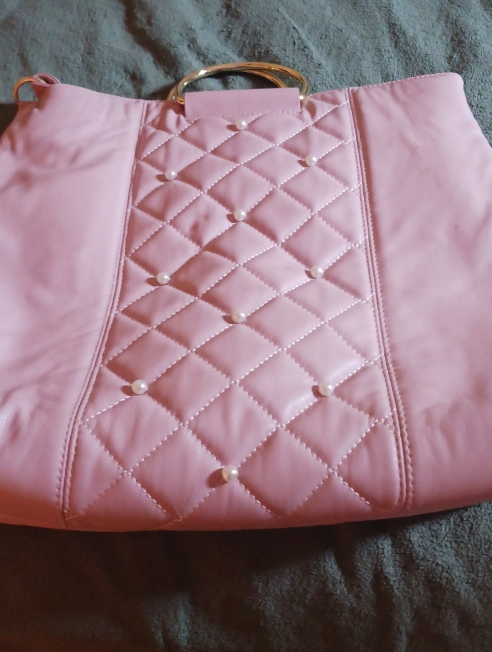 Quilted Pink Faux Pearls Tote Bag with Gold Handle Faux Leather Nwot